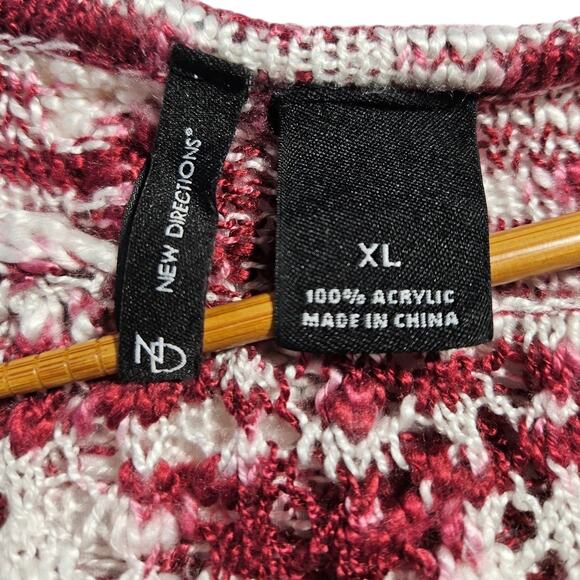 New Directions Crochet Knit Accent Sweater Bell Sleeves Sz. XL Raspberry & White - Picture 6 of 10